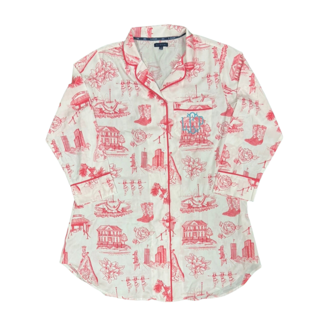 Tyler Toile Sleep Shirt-White with Azalea Design/Trim