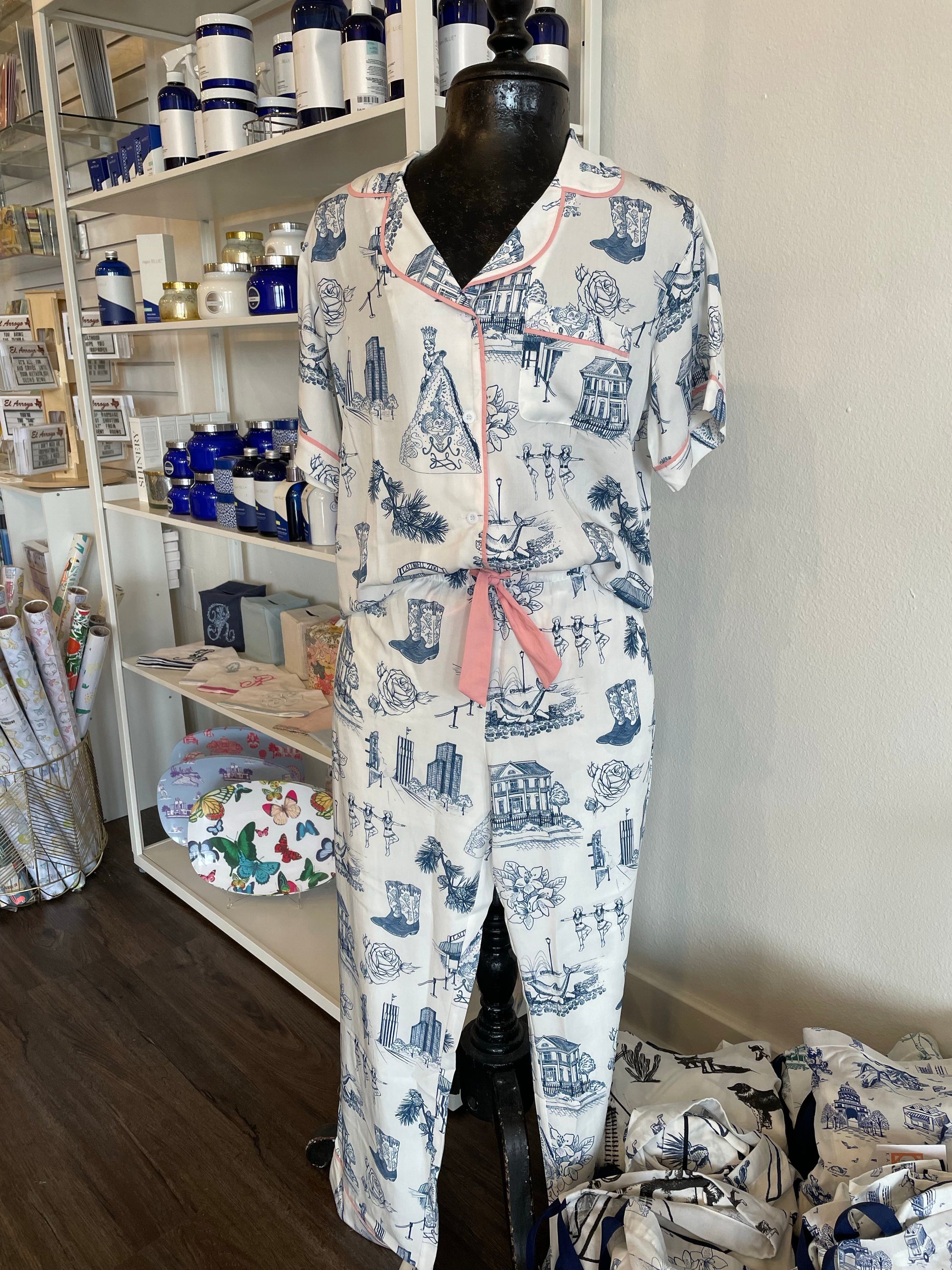 Tyler Toile Pajama Pant Set-Navy/Rose