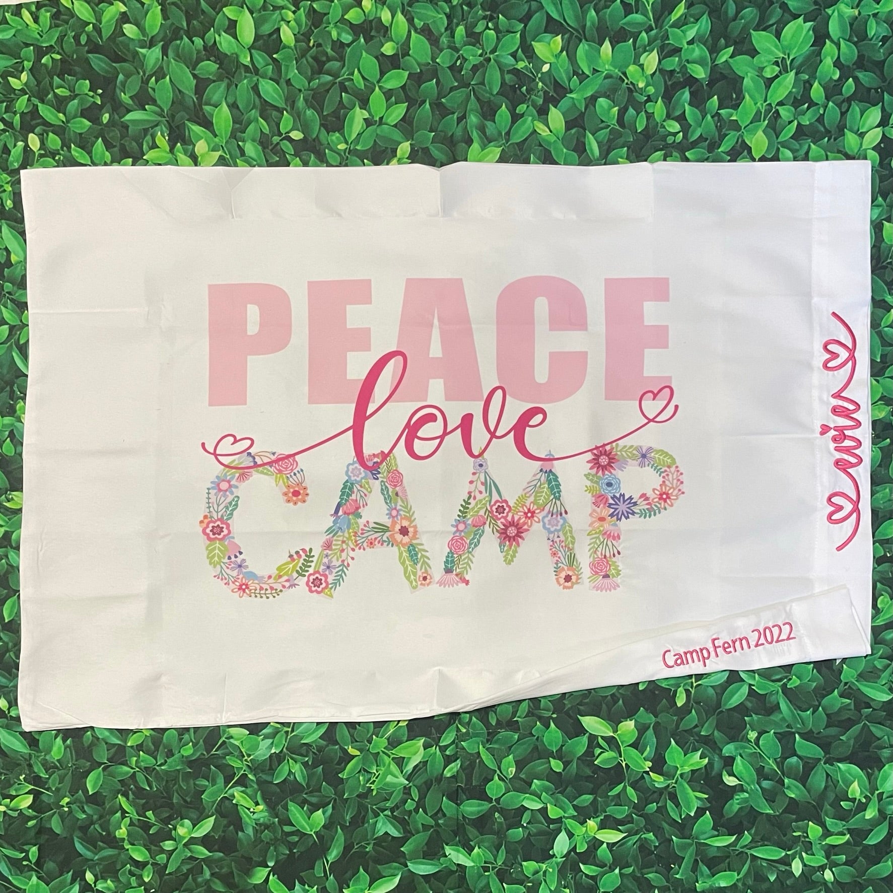 Peace Love Camp Floral Pillow Case with Monogram